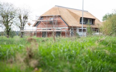 Rieten kap nieuw gebouwde boederij geplaatst